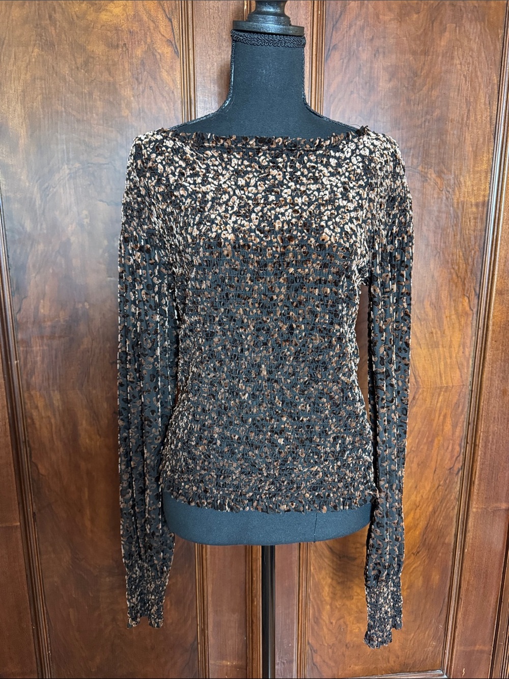 Free People Black and Brown Textured Long-Sleeve Top